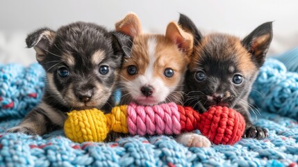 Craft an image depicting pets gnawing on chew toys to keep their teeth healthy and strong