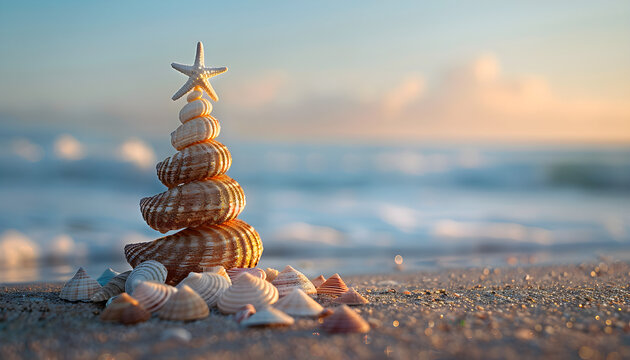 A small seashell Christmas tree on the beach with copy space, perfect for holiday greeting cards or tropical-themed holiday promotions.