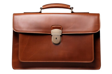 A brown leather briefcase with a gold clasp, white background, transparent background.