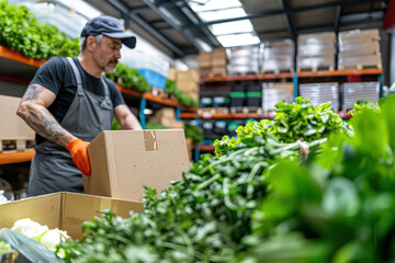 Delivery service in warehouse or distribution, cardboard box and man pushing a cart food parcel .
