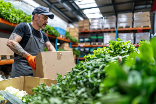 Delivery service in warehouse or distribution, cardboard box and man pushing a cart food parcel .