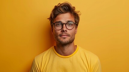 Fototapeta premium Portrait of positive cool man isolated over yellow color background