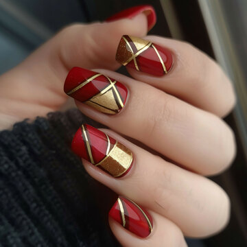 A hand with gold and red nail polish with a striped design