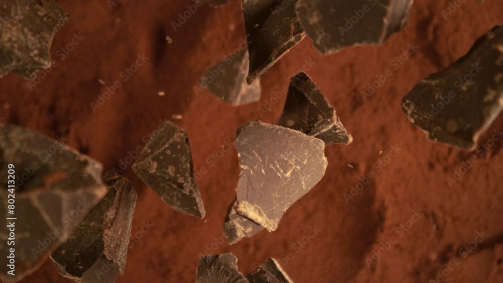 Poster super slow motion of falling group of chocolate pieces. falling down into cocoa powder. filmed on hi