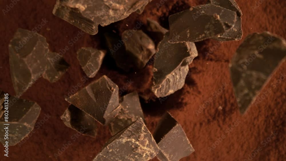 Poster super slow motion of falling group of chocolate pieces. falling down into cocoa powder. filmed on hi