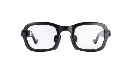 smart glasses with a camera and screen on the front, with a matte black frame against a white background