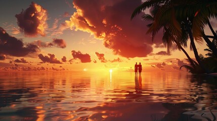 Two People Standing by Waters Edge at Sunset. Generative AI