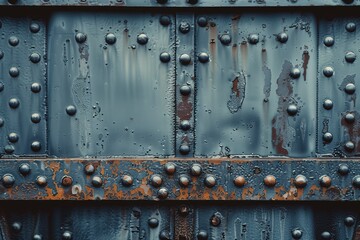 Close-up image of a weathered and rustic metal surface with rivets and varying blue and rust color tones
