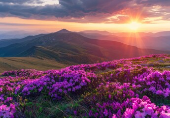  Colorful sunrise in the mountains with blooming purple rhododendron flowers on a grassy hill,