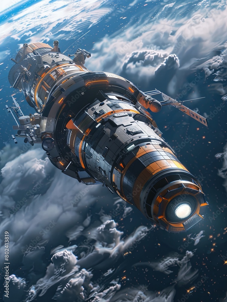 Poster Space Station Floating Above Clouds. Generative AI