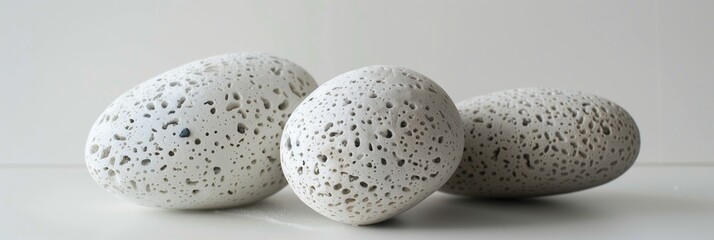 Three oval-shaped aerated concrete objects artistically arranged on a seamless white background