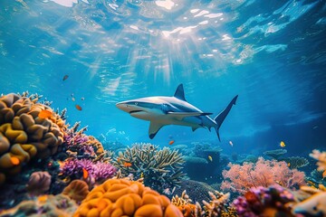 Fototapeta premium Big blue shark swims in clean water near coral reefs