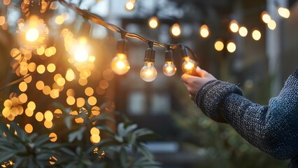 Setting up vintage string lights outdoors at night for holiday decoration. Concept Outdoor...