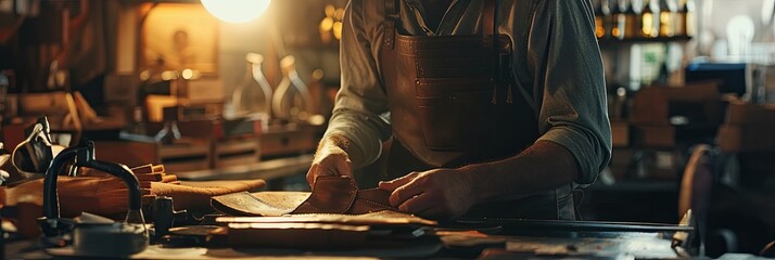 Master tanner in his leather workshop working on a leather wallet, banner