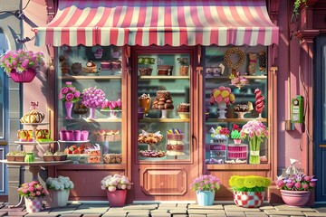 Quaint Store Front Painting With Flowers and Cakes. Generative AI