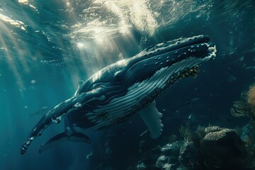 Big whale swims in underwater world