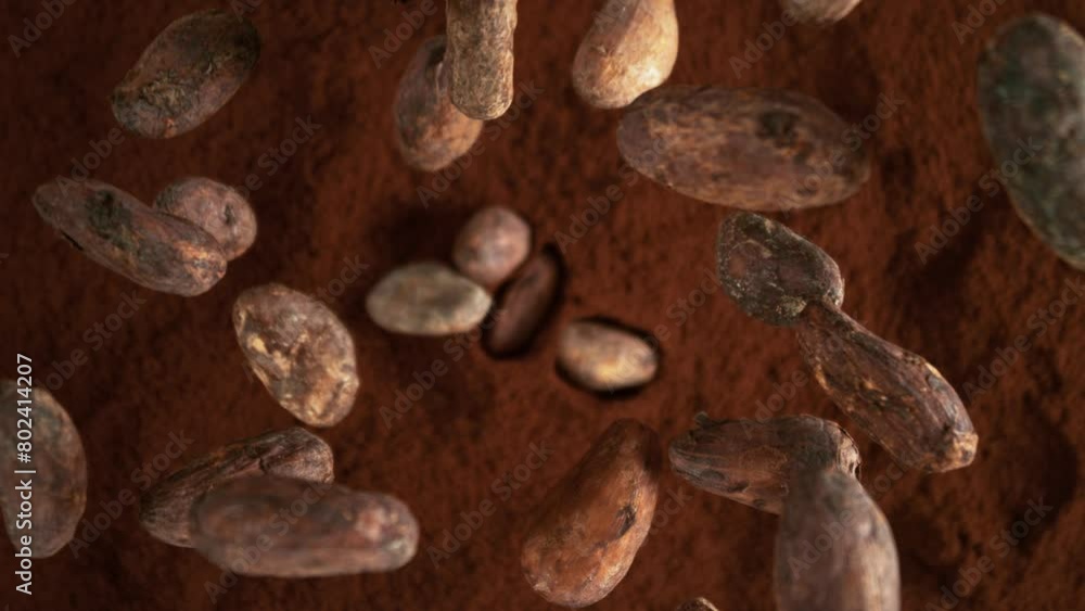 Poster Super Slow Motion of Falling Group of Cocoa Beans. Falling Down into Cocoa Powder. Filmed on High Speed Cinema Camera, 1000fps.