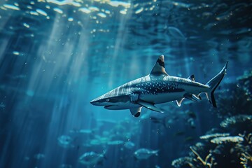 Fototapeta premium Big blue shark swims in clean water