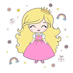 Hand drawn beautiful, cute, romantic redhead curly girl with freckles on the background with words Princess. Vector illustration.