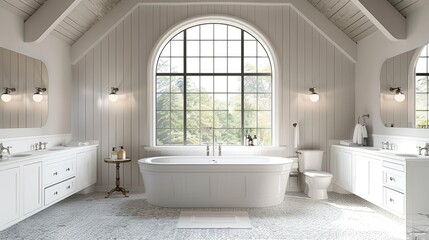 a large, elegant bathroom boasting an open layout adorned with two white cabinets and a double vanity, exuding sophistication through clean lines and bathed in natural light