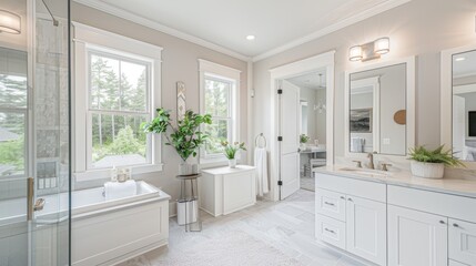 a large, elegant bathroom boasting an open layout adorned with two white cabinets and a double vanity, exuding sophistication through clean lines and bathed in natural light