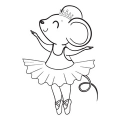 Coloring Pages. Coloring Book for kids with mouse ballerina. Outline animal vector illustration. Adorable character for cards, wallpaper, textile, fabric, kindergarten.