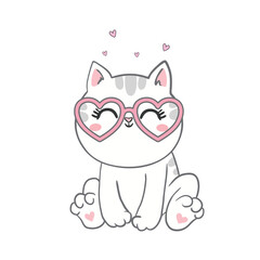 cute cat sketch vector illustration, print design cat, children print on t-shirt girl. hand drawn cat with glasses