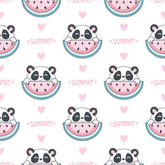Obraz premium Vector hand drawn seamless pattern with cute panda. Watermelons and hearts in the Scandinavian style on the background.