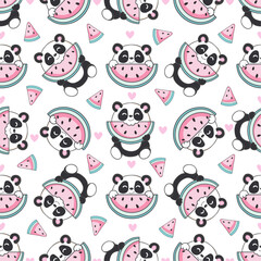 Fototapeta premium Vector hand drawn seamless pattern with cute panda. Watermelons and hearts in the Scandinavian style on the background.