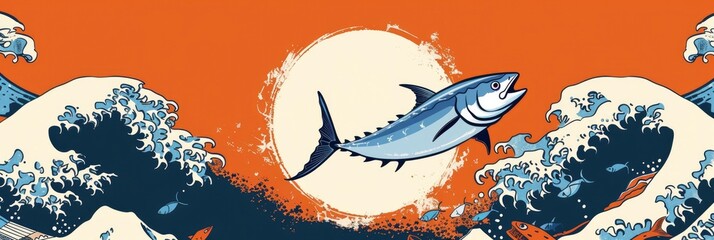 painting of a tuna jumps from ocean wave with sun shining on orange colour background