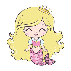 Little mermaid princess hugging a seahorse in pink seashell. Fantasy vector illustration isolated