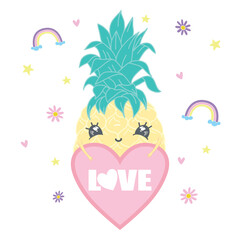 Cute cartoon character Pineapple with a heart and the inscription love you.