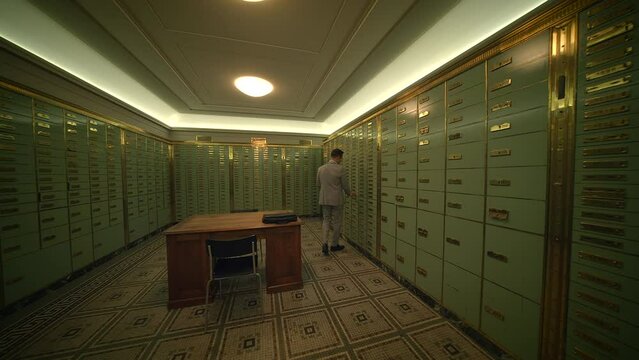 Businessman Entering Bank Safe Vault Room Storing Silver Bullion Inside Deposit