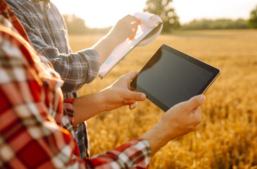  Smart farm. Tablet in the hand of farmers. Agriculture, gardening or ecology concept