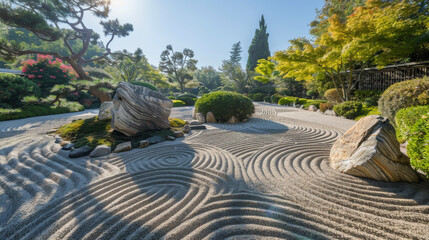 A Japanese garden with a rock garden and a pond