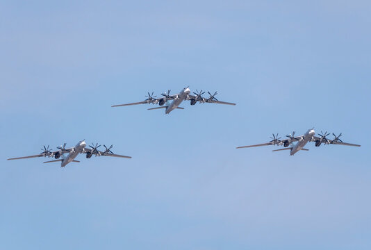 MOSCOW, RUSSIA - MAY 7, 2021: Avia parade in Moscow. strategic bomber and missile platform Tu-95 in the sky on parade of Victory in World War II in Moscow, Russia