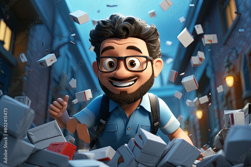 Poster man with glasses and beard surrounded by books. generative ai