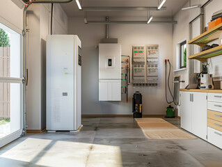 A garage with a white box on the floor and a black box on the wall
