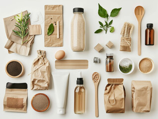 A collection of items including a bottle of lotion, a jar of peanut butter