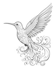 Obraz premium A beautiful hummingbird with a long, elegant beak and intricately detailed feathers. The hummingbird is hovering in mid-air, surrounded by delicate floral elements.
