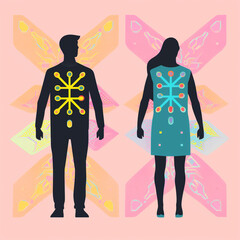 Artistic representation of male and female figures with colorful butterfly wings