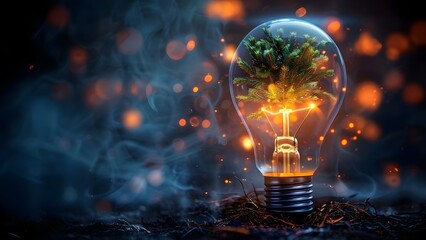 Symbolizing sustainability: Green tree inside glowing light bulb on dark background. Concept Sustainable Energy, Nature Conservation, Innovative Ideas, Eco-Friendly Practices, Environmental Awareness