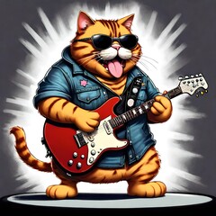 a cute chubby cartoon cat playing rock and roll music on an electric guitar in concert