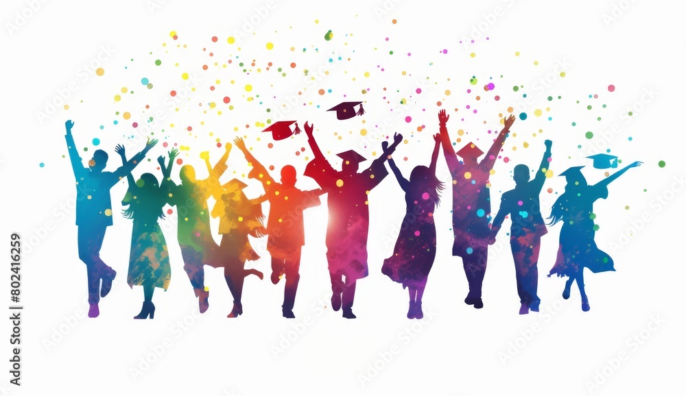 Poster Silhouette of students celebrating graduation isolated on a white background, a colorful design Generative AI