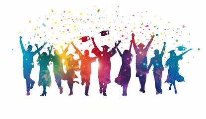 Silhouette of students celebrating graduation isolated on a white background, a colorful design Generative AI