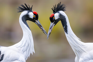 Two white birds with red beaks and red eyes are standing close to each other - Powered by Adobe