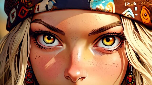 cartoon anime girl avatar face portrait. Young woman with vibrant eyes and a bandana, accentuated by intricate details and a warm, captivating gaze set against a blurred background