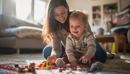 Fototapeta premium Woman Playing With Baby on the Floor