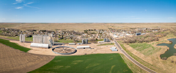 aerial panorama of Big Springs, village in Deuel County, Nebraska, early spring scenery