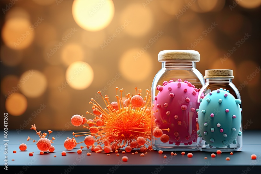 Poster three jars filled with different colored candies and sprinkles. generative ai
